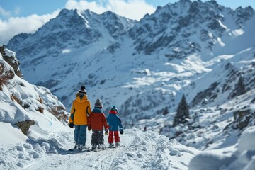 Fototapeta na wymiar Family in colorful winter clothing walks on a snowy path with a breathtaking view of the mountain peaks ahead. Concept: winter family sports and recreation