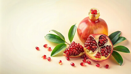 Pomegranate and Pomegranate Oil on Pastel Background with Copy Space
