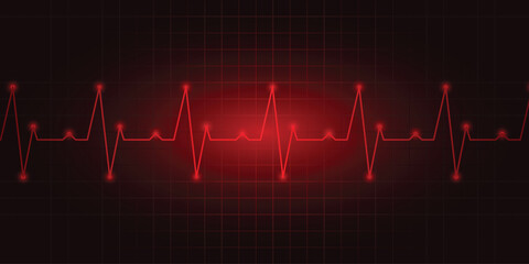 Heart rate cardiogram, heart rate indicators, EKG monitoring, electrocardiogram. The illustration is in red colors and the background is dark red with a grid.