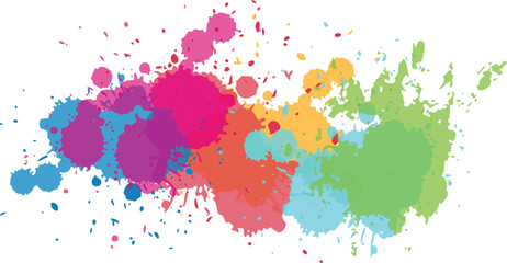Paint splatter banner, rainbow watercolor paint stains. Colorful splattered spray paints, abstract color ink explosion vector background