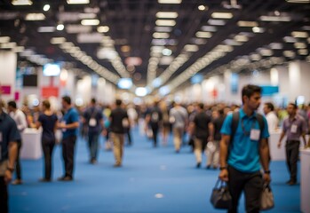 Blurred image of a bustling trade show floor, Generative AI