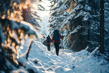 Two hikers with backpacks walk through a snowy forest path lit by the soft glow of the morning sun. Concept: winter family sports and recreation
