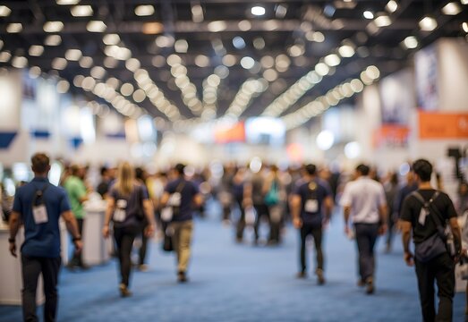 Blurred image of a bustling trade show floor, Generative AI