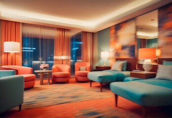 Fototapeta na wymiar Blurred image of a themed hotel suite, generative AI