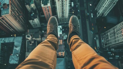 Person Standing on Edge of Tall Building, Expressing Fear and Anxiety While Looking Down, Illustrating the Concept of Acrophobia - obrazy, fototapety, plakaty