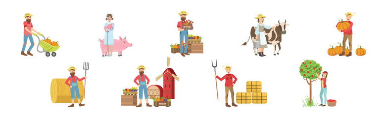 Man and Woman Farmer Character Enjoy Agriculture Work Vector Set