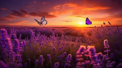 Selbstklebende Fototapeten Beautiful landscape sunset field with lavender flowers. © Natalia