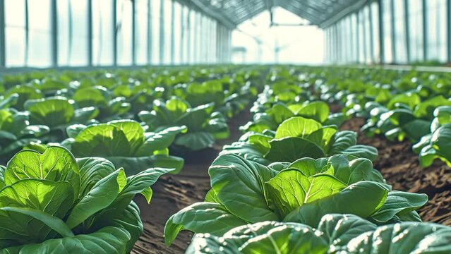Zoom out of green spinach plants planted in line in a greenhouse ready to be harvested