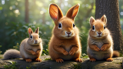 A rabbit with two squirrels in the forest