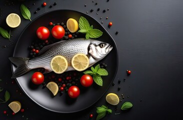 Whole fish lying on a black dish with lemon slices, mint leaves and cherry tomatoes, dark background, banner with space for text