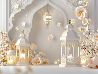 Obraz premium Ramadhan and Eid greeting card with 3D decoration of traditional Arabic lamps and flowers.