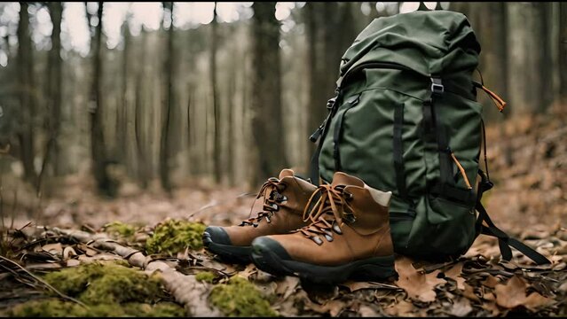 Backpack and Hiking Boots, Ready for Adventure in the Forest