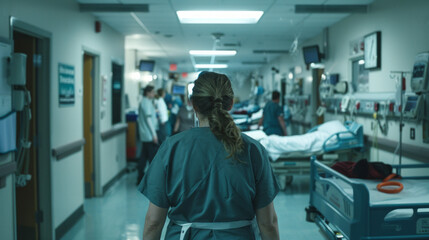 A focused nurse moves purposefully through a hospital hallway past patient rooms