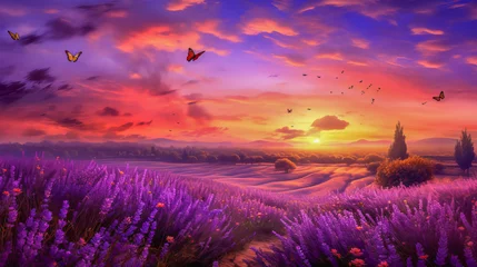 Rolgordijnen Beautiful landscape sunset field with lavender flowers. © Natalia