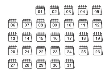 Set of calendar icons with all dates. Event reminder sign. Calendar that shows each date and holiday number from day 1 to day 31.