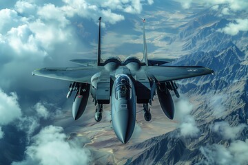 Fighter Jet Soaring Over Mountain Range - obrazy, fototapety, plakaty
