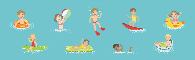 Happy Children Character at Sea Swimming in Water Vector Set