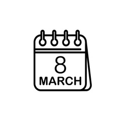8 march in calendar vector line symbol. Women's day sign. International Women's day icon.
