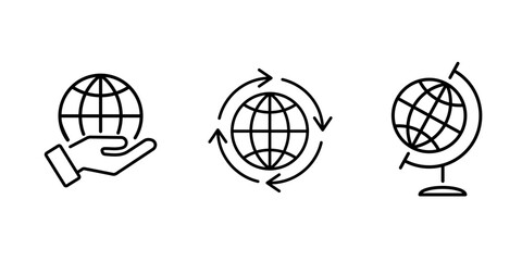 Hand holding globe vector icon. Worldwide Shipping sign. School globe outline symbol. - obrazy, fototapety, plakaty