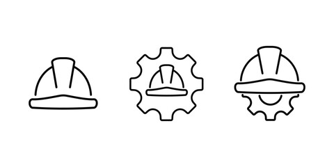 Construction helmet on the gear outline icons set. Labor and engineering thin symbols. Safety and protection sign.