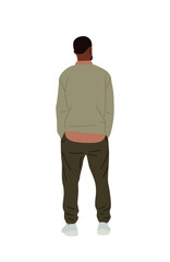 Black man standing full length rear view. African american guy in casual clothes from behind, turned back. Character backside. Vector flat illustration isolated on transparent background.