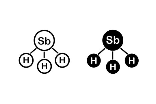 Stibin gas molecule outline and filled icon. h3sb formula symbol.