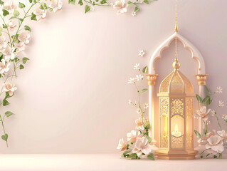 Ramadhan and Eid greeting card with 3D decoration of traditional Arabic lamps and flowers.