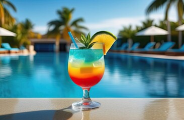 Tropical multicolored cocktail standing on the edge of the outdoor pool, blurred hotel background with palm trees, banner