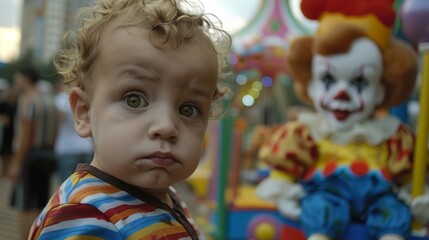 Child Expressing Fear and Anxiety While Gazing Warily at a Clown in a Birthday Party Setting, Illustrating Coulrophobia in a Festive Atmosphere Concept - obrazy, fototapety, plakaty
