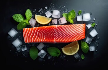 Red raw fish fillet with ice cubes, lemon slices and mint leaves lying on black surface, top view, banner