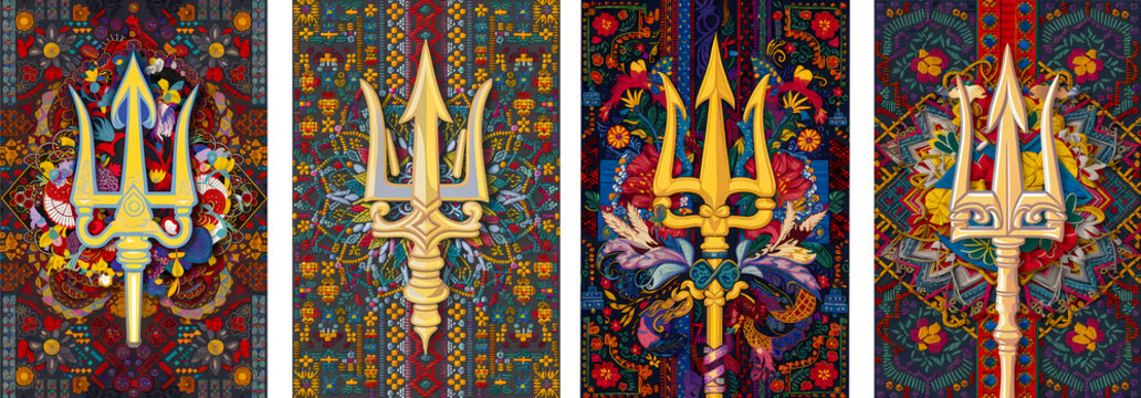 Set of illustrations with revered Ukrainian national emblem, the trident, Tryzub adorned with ornate details and set against a vibrant backdrop of traditional folk motifs, intricate floral patterns