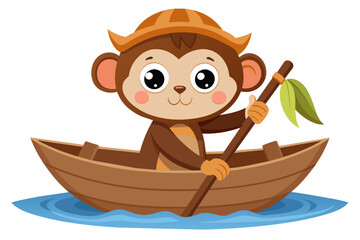 Cute monkey rowing wooden boat on white background