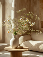 Flowers vase in luxury interior, Classic bouquet in modern stylish classic interior, living room with flowers vase