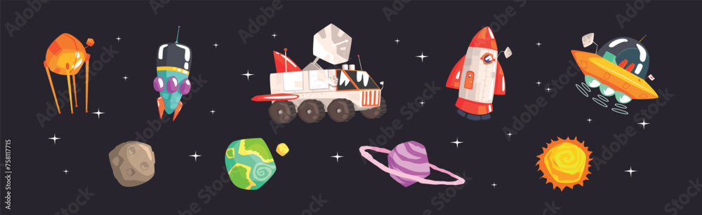 Poster space exploration with satellite, rocket shuttle, planet and lunar rover vector set