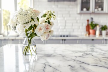 empty and clean marble dining table in Scandinavian kitchen, tableware and vases with flowers on background, for product display and presentation