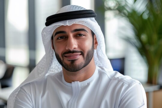 happy Arab at office looking at camera, business concept