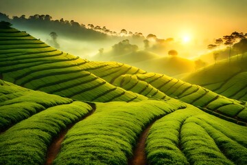 Green tea plantation at sunrise time, natural background, curved green tea plantation with fog at sunrise