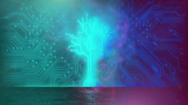 Animation of glowing blue tree network and motherboard over pink and blue defocused lights