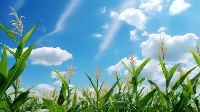 A bright green cornfield illuminated by the bright sun.
