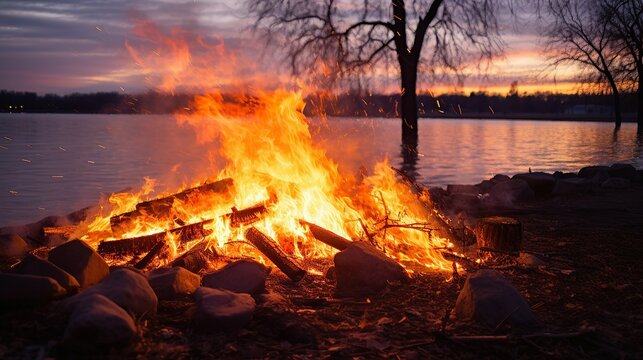A bright burning bonfire on the shore.