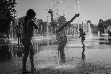 child playing in the fountain