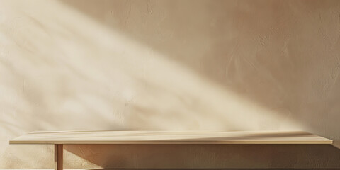 empty table wooden podium on beige wall background with shadow tropical leaves, Empty blank minimal wooden table counter, empty wood table top podium background for product presentation