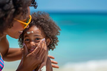 Lovely black mother applying sunscreen on cute little black girl