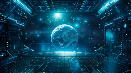 Astronomy learning environment, futuristic decor with steampunk aesthetic