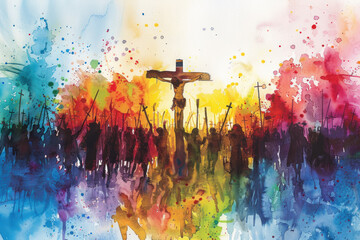 Jesus Christ on cross surrounded by crowd people, colorful watercolor