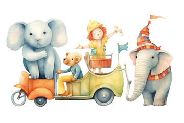 rabbit Beautiful watercolor elephant animals illustration transport cute Lion hand stock drawn