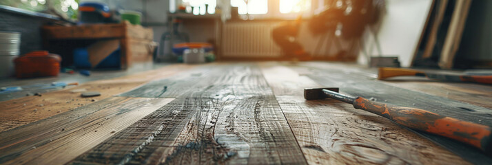 person installing wood flooring in an empty room,a close up of a man laying a wooden floor on a hard wood floor depicts a man installing wooden flooring. home renovation, construction,new floor instal - obrazy, fototapety, plakaty