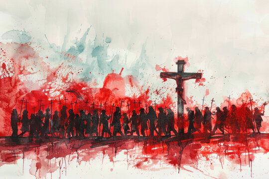 Jesus Christ on cross surrounded by crowd people, red watercolor