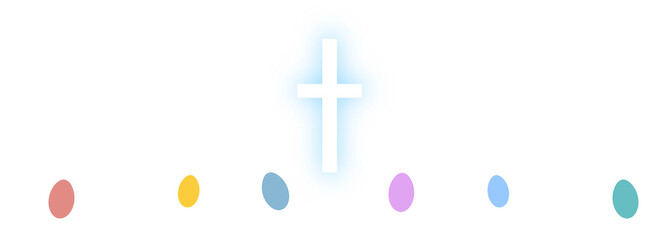 happy easter banner illustration, hand drawn png web border with cross and eggs, transparent background 
