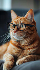 A portly orange tabby cat, sporting a pair of stylishly thick black glasses that perpetually slide down its nose - obrazy, fototapety, plakaty